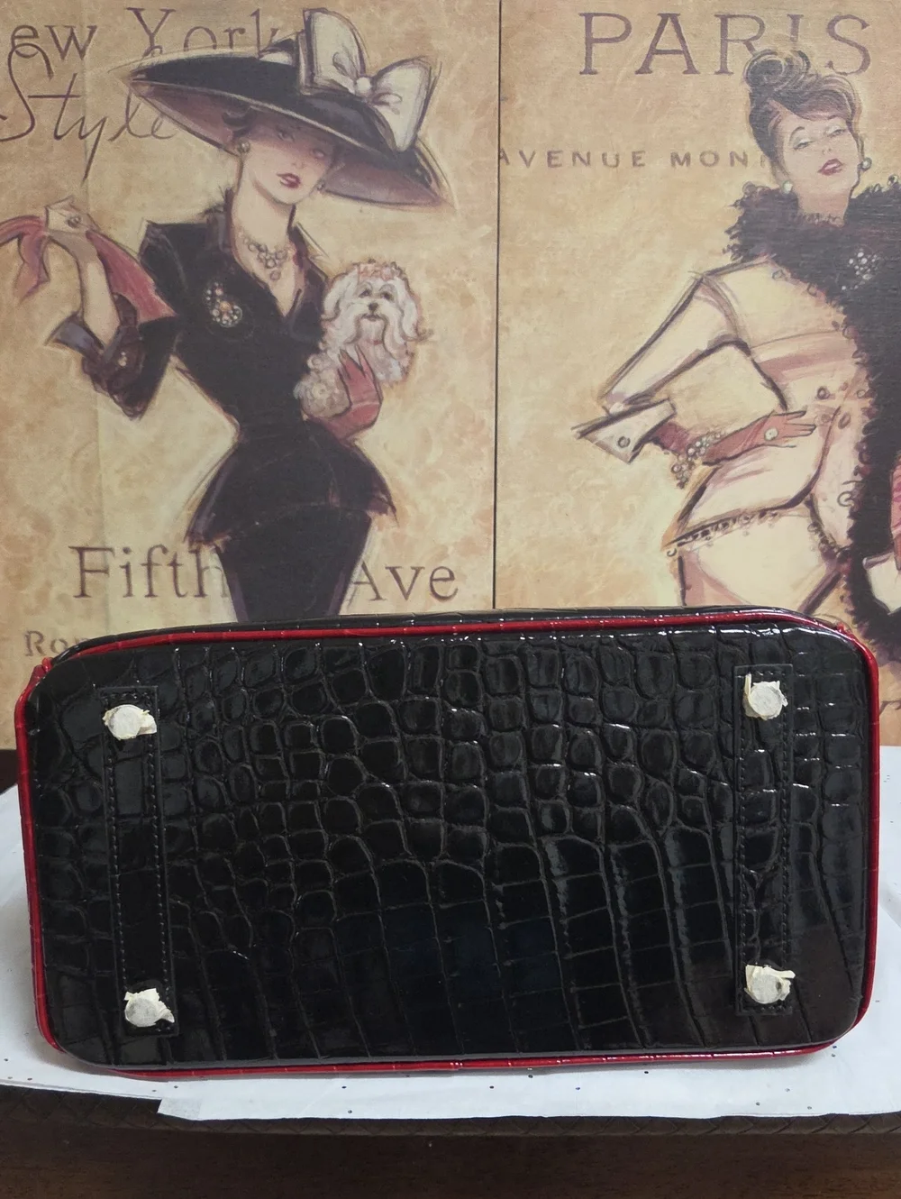 Santo By Paolo De Santo Black Croc-Embossed Tote with Red Trim